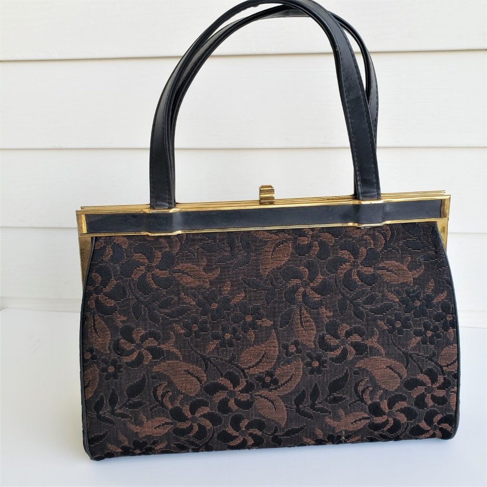 Vintage 50s/60s Brown Floral Tapestry Leather Top Handle Handbag - Picture 8 of 11
